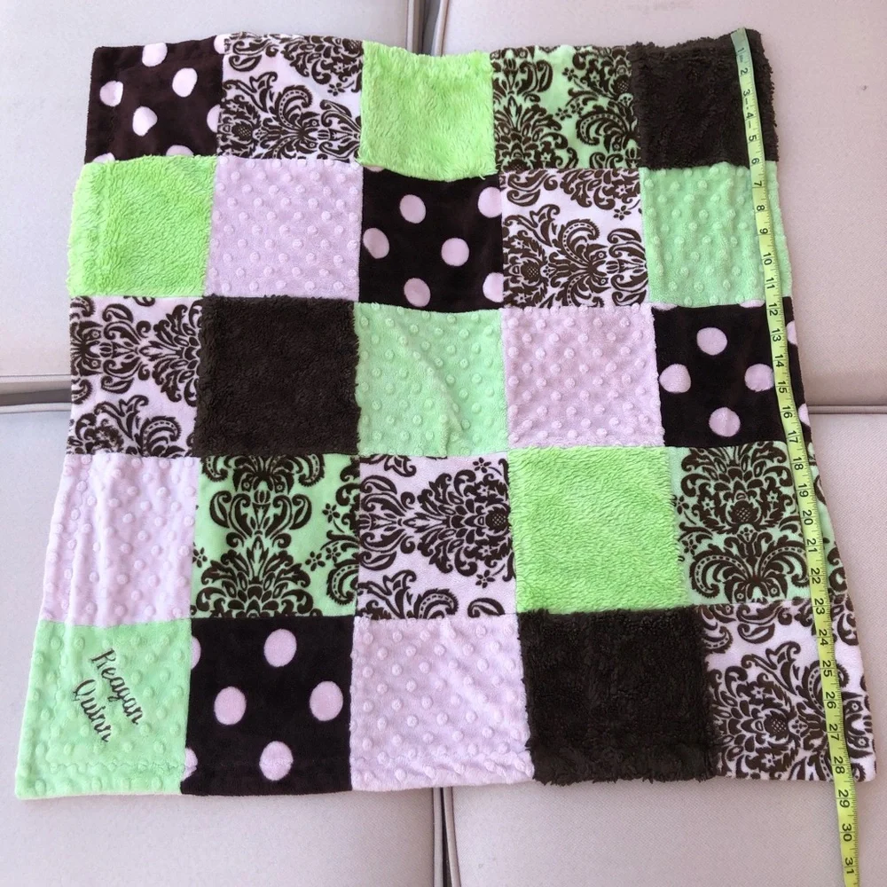 Lot Of 1 Baby Girl Pink Brown Green Cotton Quilt and 1 Soft Blanket Patchwork